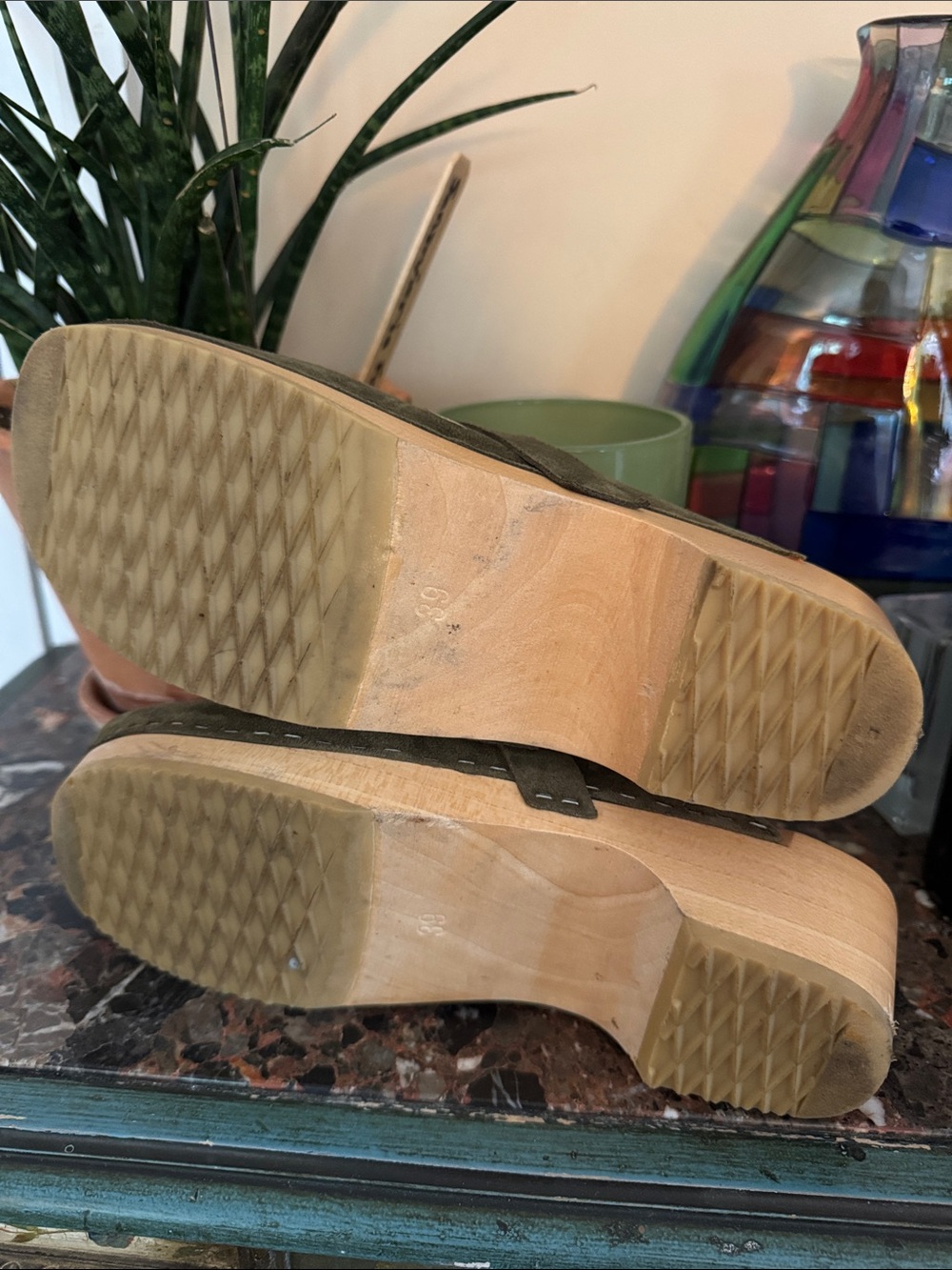 Swedish Hasbeens Olive Green Suede Clogs - Picture 3 of 3